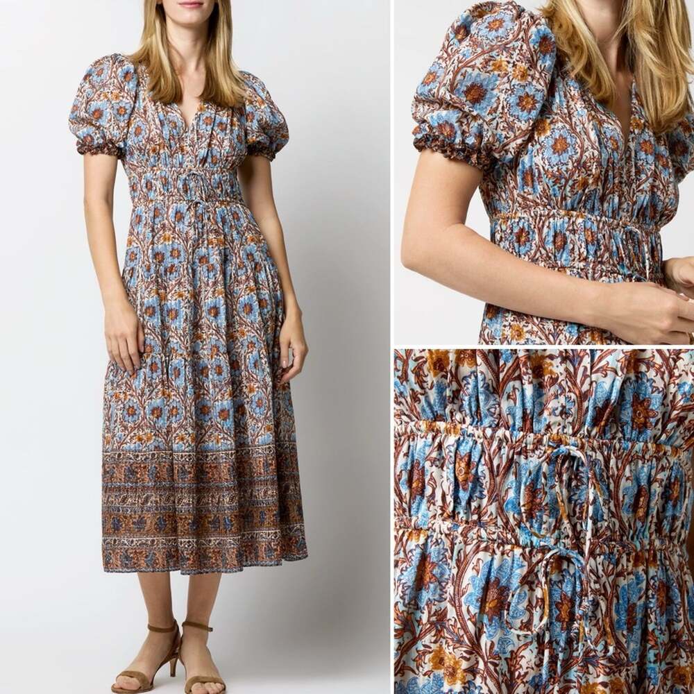 ULLA JOHNSON $490 Ilana Dress Caspia Blue Brown Womens 0